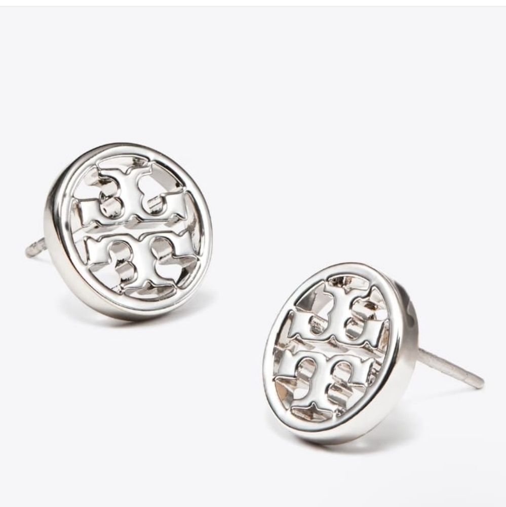 Tory Burch circle logo stud earrings silver never used